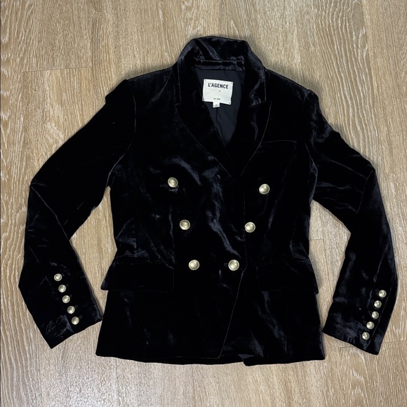L’Agence Kenzie Black Velvet double breasted Blazer Gold Buttons Size 4 - Picture 8 of 14